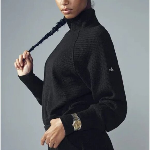 Alo Waffle Weekend Escape Mock Neck Long Sleeve Black Turtleneck Thermal Sweater - Picture 5 of 10
